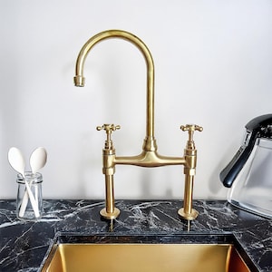 Handcrafted Unlacquered Brass Faucet | Bridge Design for Kitchen Sink | Antique Farmhouse Tap