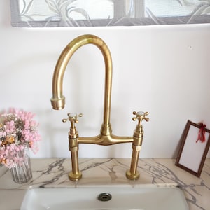 Handcrafted Unlacquered Brass Faucet | Bridge Design for Kitchen Sink | Antique Farmhouse Tap