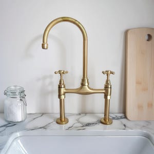 Handcrafted Unlacquered Brass Faucet | Bridge Design for Kitchen Sink | Antique Farmhouse Tap