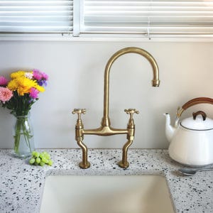 Unlacquered Brass Bridge Kitchen Tap | Traditional Design with Patina Aging | Dual Handle Sink Mixer