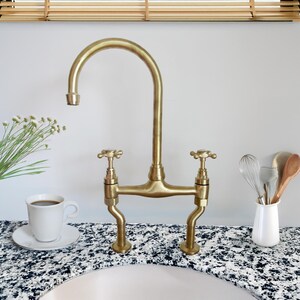 Unlacquered Brass Bridge Kitchen Tap | Traditional Design with Patina Aging | Dual Handle Sink Mixer