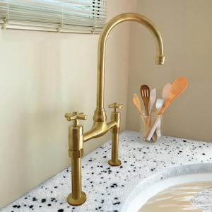 Unlacquered Brass Bridge Kitchen Tap | Traditional Design with Patina Aging | Dual Handle Sink Mixer