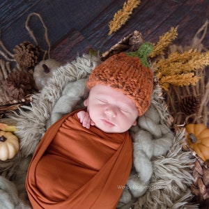 May include: A newborn baby is swaddled in a rust-colored blanket and wearing a knitted pumpkin hat. The baby is lying in a basket with a faux fur lining and surrounded by fall-themed decorations.