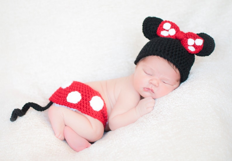 Baby girl hat, Minnie Mouse, Crochet Minnie Mouse, Disney Baby, Disney Nursery, photography prop, coming home outfit, baby shower gift, baby image 1