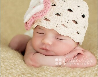 Baby girl hat, cotton hat, baby spring hat, crochet shell beanie, pink white flower, baby shower gift, coming home outfit, crochet, crochet