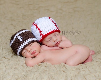 Baby boy hat, baby girl hat, crochet football baseball, photo prop, baby shoer gift, coming home outfit, twin beanies, sports nursery