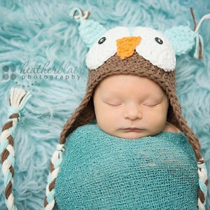 Baby boy hat, baby girl hat, crochet owl hat, owl, photo prop, baby shower gift, coming home outfit, mint chocolate, crochet newborn image 2