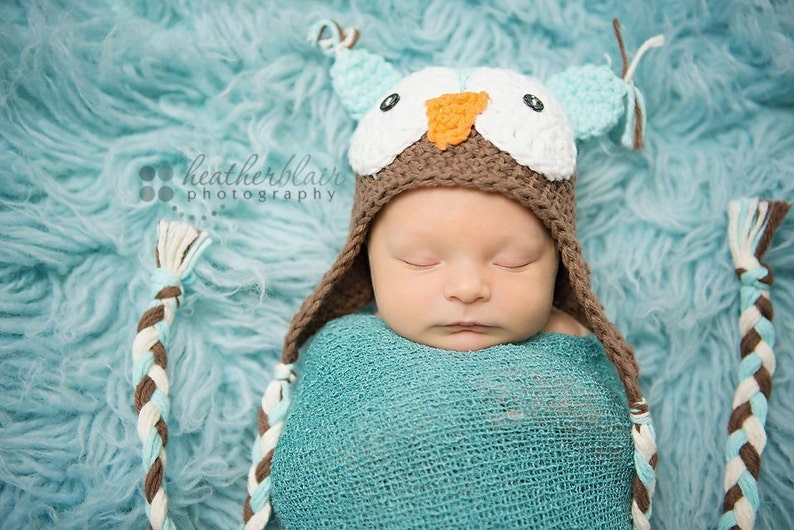 Baby boy hat, baby girl hat, crochet owl hat, owl, photo prop, baby shower gift, coming home outfit, mint chocolate, crochet newborn image 2