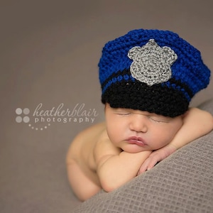 Baby boy hat, baby girl hat, police hat, photo prop, crochet police hat, baby shower gift, coming home hat, crochet newborn hat, police