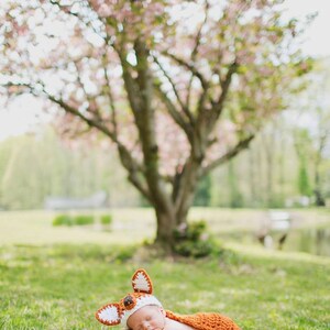 May include: A newborn baby wearing a crocheted fox costume sleeps on a brown fur rug in a grassy field with a blurred background of a tree with pink blossoms.