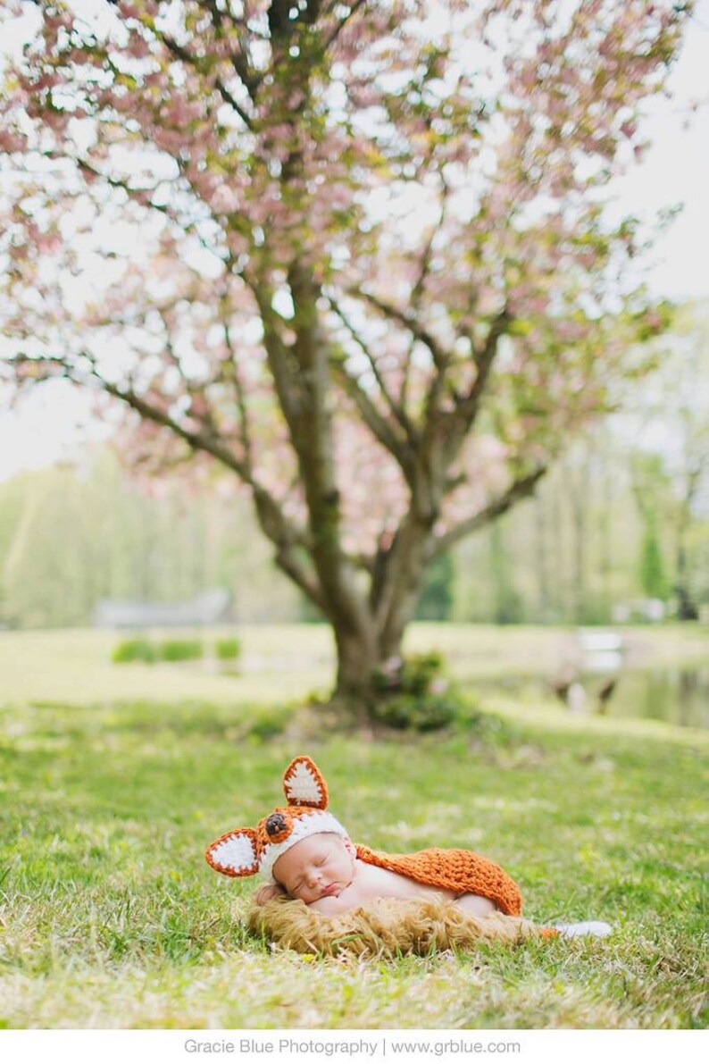 May include: A newborn baby wearing a crocheted fox costume sleeps on a brown fur rug in a grassy field with a blurred background of a tree with pink blossoms.