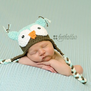 Baby boy hat, baby girl hat, crochet owl hat, owl, photo prop, baby shower gift, coming home outfit, mint chocolate, crochet newborn image 1