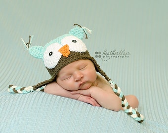 Baby boy hat, baby girl hat, crochet owl hat, owl, photo prop, baby shower gift, coming home outfit, mint chocolate, crochet newborn