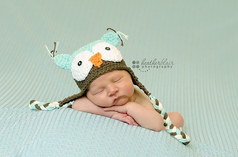 Baby boy hat, baby girl hat, crochet owl hat, owl, photo prop, baby shower gift, coming home outfit, mint chocolate, crochet newborn image 1