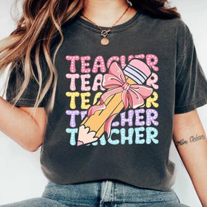 Comfort Colors Trendy Teacher Shirt, Colorful Doodle Back To School Shirt, Preppy Coquette School T-shirt, Girly Pink Bow Tee, Teacher Gifts