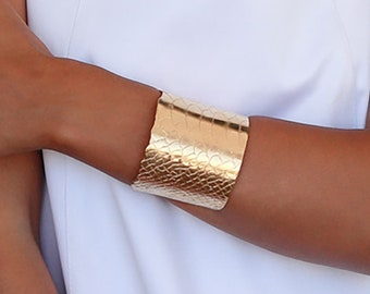 Gold Snake Bracelet, Python Cuff, Snake Skin Bracelet, Wide Gold Cuff Bracelet, Hammered Statement Bracelet, Serpent Cuff Bracelet