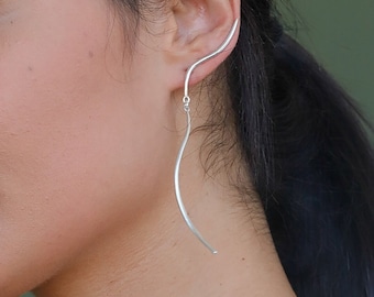 Ear Climbers, Dainty Drop Earrings Silver, Long Statement Earrings, Modern Jewelry, Unique Long Earrings,  Long Minimalist Earrings