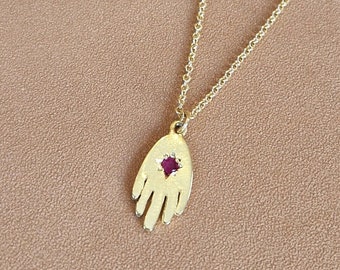 14k Gold Hamsa Necklace, Protection Jewelry, Hand of Fatima Gold Necklace, Rubi Birthstone Necklace, Judaica Jewelry, Jewelry Gift for Her