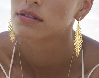 Long Bridal Earrings, Gold Drop Bridal Earrings, Leaf Earrings, Gold Dangle Earrings,  Unique Bridal Earrings, Statement Wedding Earrings