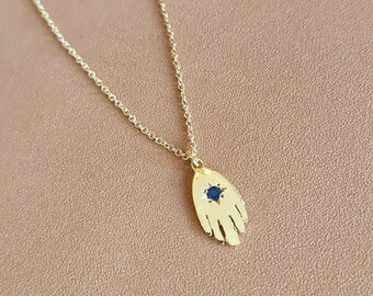 14k Gold Hamsa Necklace, Protection Jewelry, Hand of Fatima Gold Necklace, Rubi Birthstone Necklace, Judaica Jewelry, Jewelry Gift for Her