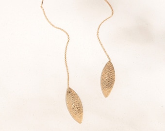 Pendientes de enhebrador, pendientes largos de oro, joyería natural, pendientes de hoja de oro, pendientes largos de oro rosa, pendientes de hoja larga, enhebrador de oro