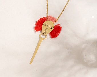 African Mask Necklace, Face Necklace, Unique Long Necklace, Long Tassel Pendant Necklace, Red Gold Necklace, Long Statement Necklaces women
