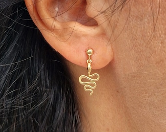 Solid Gold Drop Earrings, snake dangle earrings, 14k gold dangle earrings, snake drop stud earrings, solid gold serpent earrings, symbolic