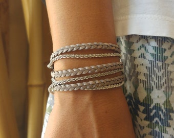 Boho Cuff Bracelet, Wrap Leather Bracelets for Women, Braided Bracelet, Leather and Silver Bracelet, Birthday Gift for Her, Israel Jewelry