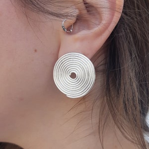 Silver Spiral Stud Earrings, Large Silver Stud Earrings, Silver Circle Earrings, Silver Moon Earrings, Celestial Earrings Gift for her, Disc