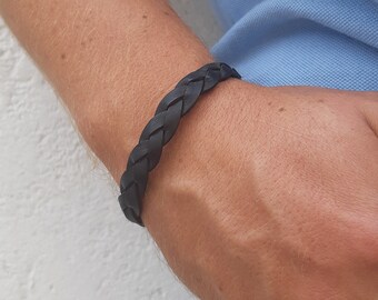 Mens Black Leather Bracelet, Mens Leather Jewelry, Mens Minimalist Bracelet, Braided Mens Bracelet, Boyfriend Jewelry, Bracelet Gift for Him