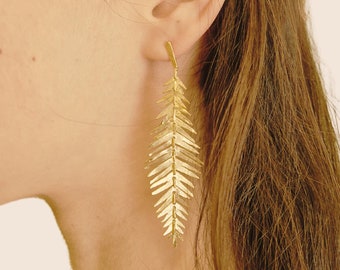 Gold dangle earrings, Leaf Earrings Dangle, earrings gift for her, Gold Fern Earrings, Botanical Earrings, symbolic jewelry