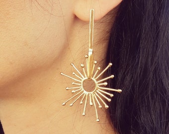 Sun Earrings Dangle, Large Dangle Earrings, Gold Plated Drop Earrings, Long Statement Earrings,  Gift for Her Friend, Unique Earrings Dangle