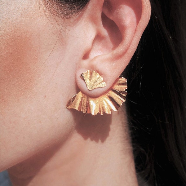 Rose Gold Jacket Earrings, Ear Jacket Earrings, Nature Jewelry, Gold Shell Earrings, Front Back Earrings, Two Part Earrings, Petal Earrings