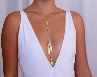 Gold Lariat Necklace, Gold Leaf Necklace, Long Y Necklace, Back Necklace, Back Drop Necklace, Bridal Backdrop Necklace, Israel Jewelry