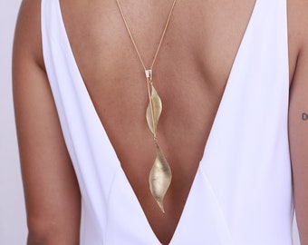 Gold Lariat Necklace, Gold Leaf Necklace, Back Necklace, Backdrop Necklace, Layered Necklace, Long Y Necklace, Pendant Necklace,Back Jewelry