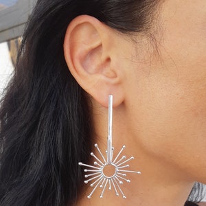 Dangle Sun Earrings , Large Dangle Earrings, Silver Sun Earrings 925, Long Statement Earrings,  Gift for Her Friend, Sun Earrings Big