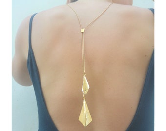 Gold Pendant Necklaces for Women, Gold Y Necklace, Gold Lariat Necklace, Gold Backdrop Necklace, Back Necklace, Drop Necklace,Israel Jewelry