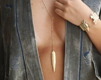 Gold Leaf Necklace, Boho Leaf Necklace, Nature Jewelry, Boho Lariat Necklace, Extra Long Necklace, Layered Y Necklace, Long Leaf Necklace