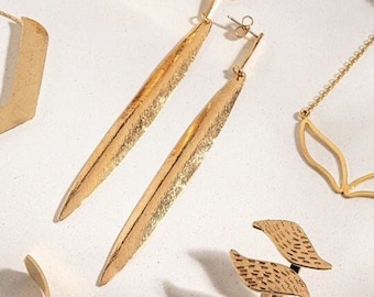 Statement Blatt Ohrringe, Natur Schmuck, Goldblatt Tropfen Ohrringe, Natur-Liebhaber-Geschenk, lange Blatt Ohrringe Bio Ohrringe, Botanische Ohrring