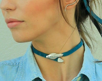 Snake choker, leather chokers for women, leather choker necklace, leather choker collar, silver snake necklace, leather collar necklace..