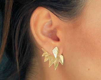 Front back Earrings, Crown Ear Cuff, Crown Earrings, Assymetrical, Gold Ear Jacket, Ear Cuff Gold, Gold Spike Earrings, Two Sided Earrings..