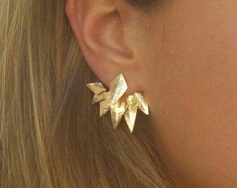 Brincos Ear Jacket Dourados, Brincos de Pino Exclusivos, Brincos Jacket, Brincos com Espinhos Dourados, Ear Jacket em Ouro Rosé, Brincos Modernos, Ear Jacket Grande