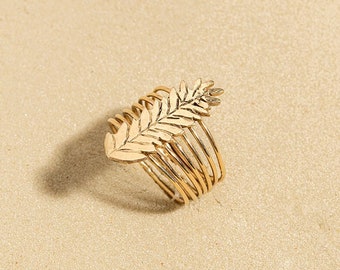 14k Gold Statement Ring, Multi Band Ring, Layered Ring, Solid Gold Jewelry, Feather Ring, 14k Gold Leaf Ring, Big Bold Ring, Wheat Ring
