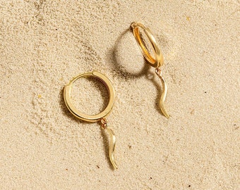 14k Gold Charm Hoop Earrings, Mini Hoop Earrings with Charm, Solid Gold Jewelry, Delicate Hoop Earrings, Everyday Solid Gold Hoop Earrings
