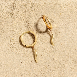 14k Gold Charm Hoop Earrings, Mini Hoop Earrings with Charm, Solid Gold Jewelry, Delicate Hoop Earrings, Everyday Solid Gold Hoop Earrings