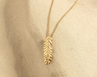 14k Gold Feather Necklace, Feather Pendant Necklace, Boho Feather Necklace, Nature Lover Gift, Solid Gold Jewelry, Long Feather Necklace