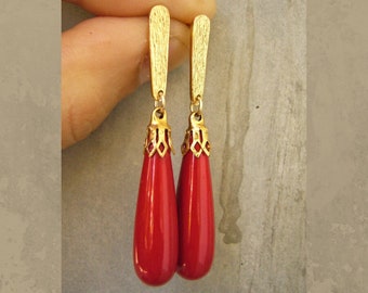 Red Drop Earrings, Jewelry Gift for Wife, Long Dangle Earrings, Red Coral Dangle Earrings, Unique Jewelry Gift for Women, Gold Red Earrings