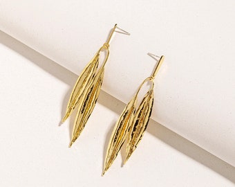 Statement Leaf Earrings, Nature Jewelry, Nature Lover Gift, Gold Leaf Drop Earring, Long Leaf Earrings, Gold Leaf Earrings, Texture Earrings