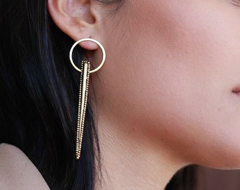 Triangle Earrings Dangle, Long Drop Earrings Gold, Gold Geometric Jewelry, Long Gold Earrings, Hoop Charm Earrings, Long Geometric Earrings
