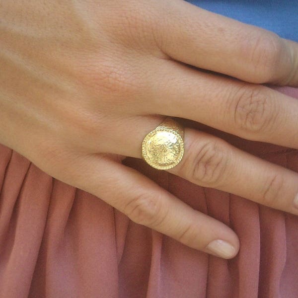 Gold Signet Ring Women, Gold Dome Ring, 24K Gold Pinky Ring Women, Hammered Ring, Metalwork Ring, Womens Signet Ring 6,Greek Rings for Women